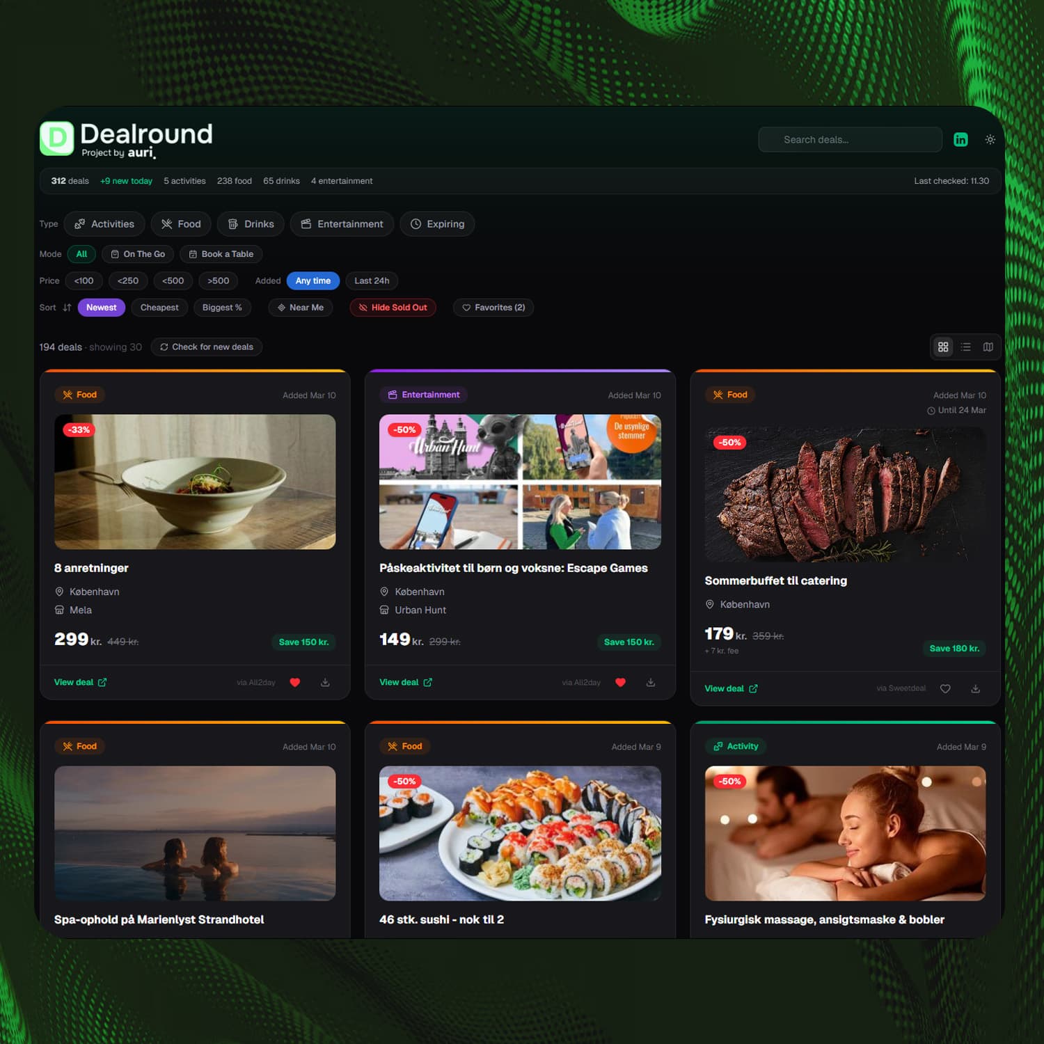 Dealround desktop view with grid cards, filters, and stats