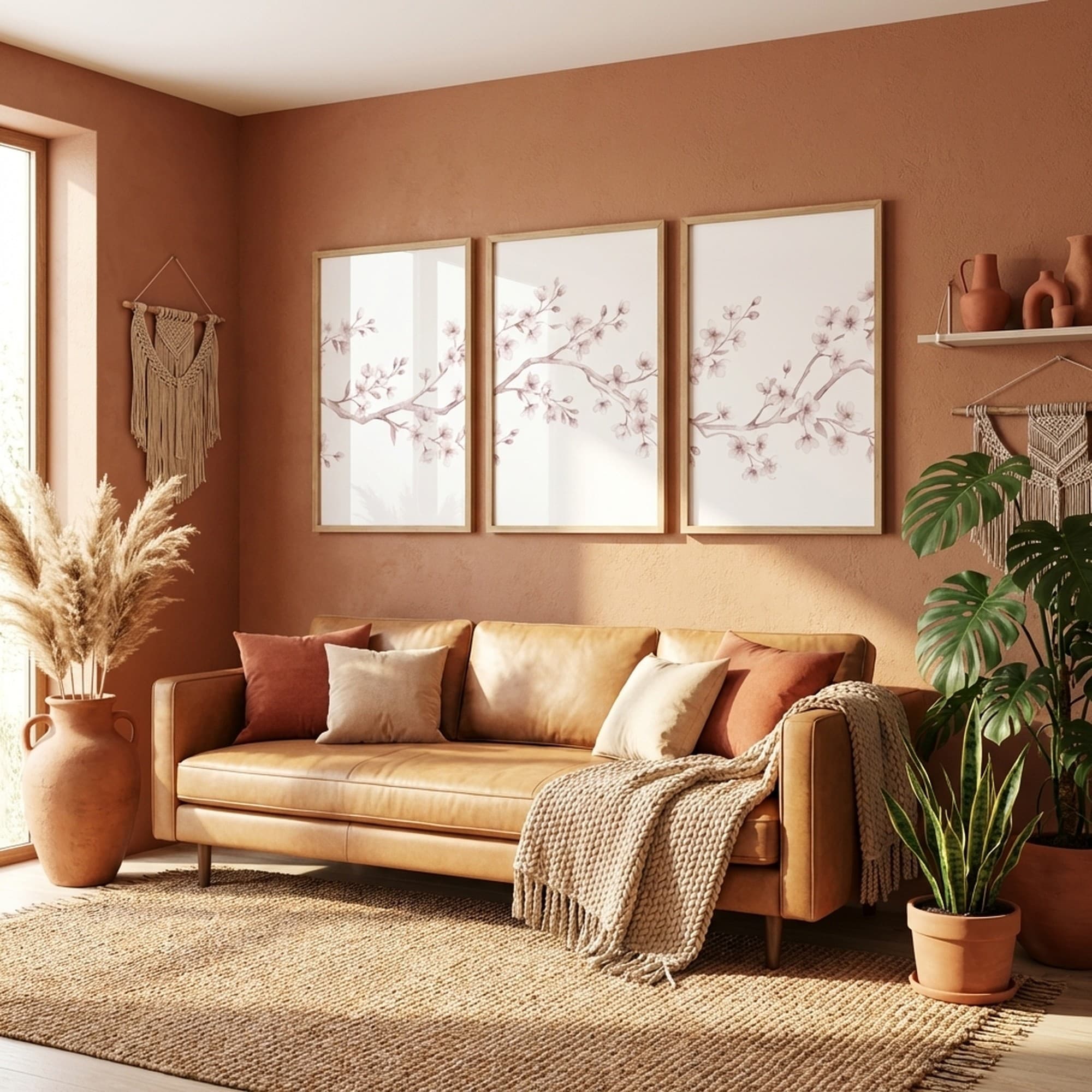 Cherry Blossom triptych in a boho living room