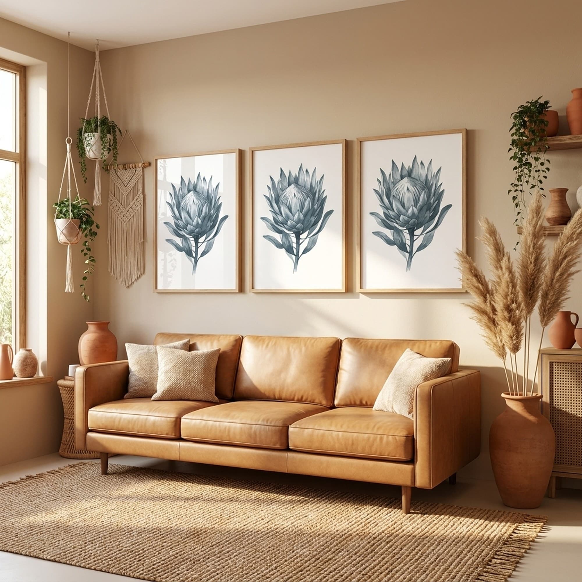 Dusty Blue Protea framed triptych in a boho living room